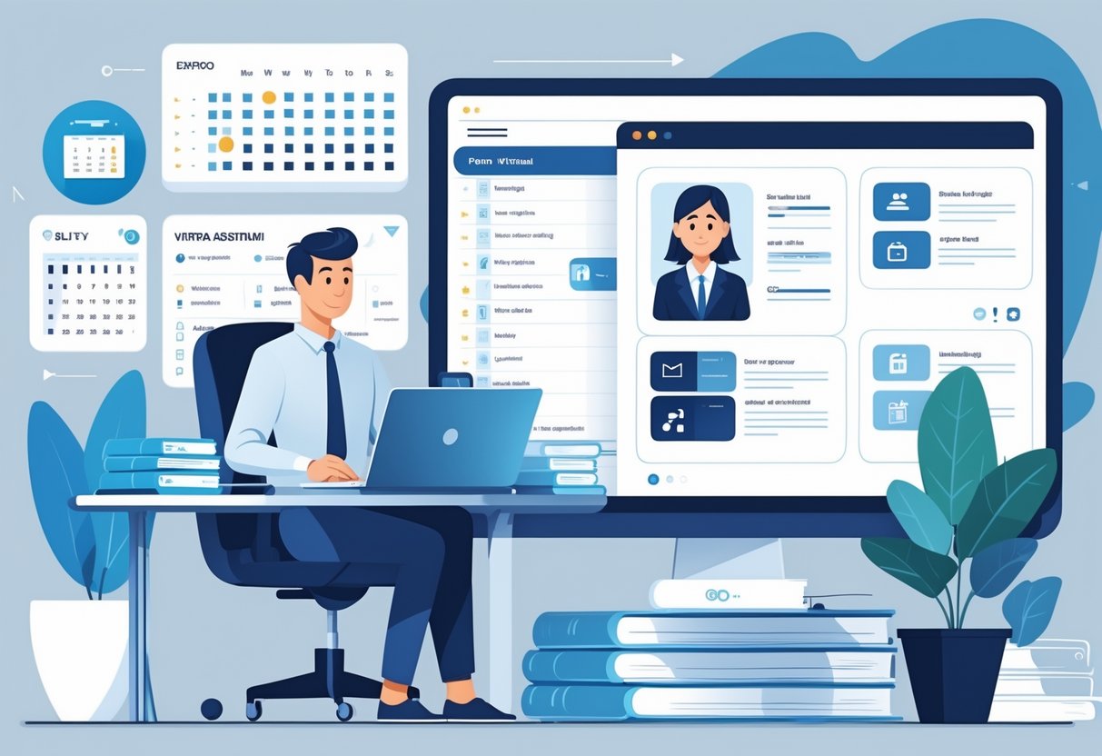 A business professional at a desk delegating tasks to a virtual assistant shown on a computer screen, surrounded by icons representing various outsourced tasks.