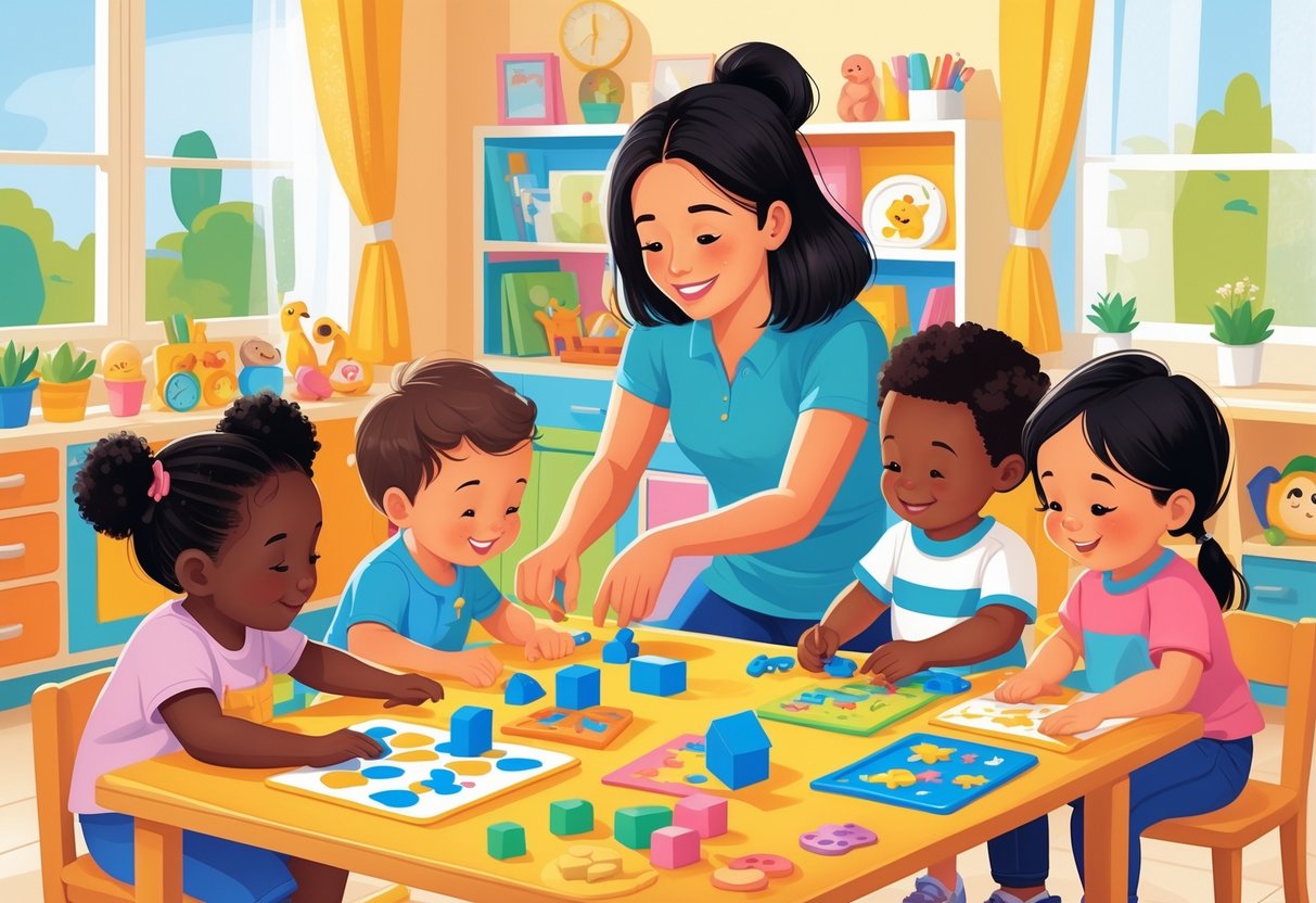 A mom caring for young children playing and learning together in a bright, colorful home daycare room.