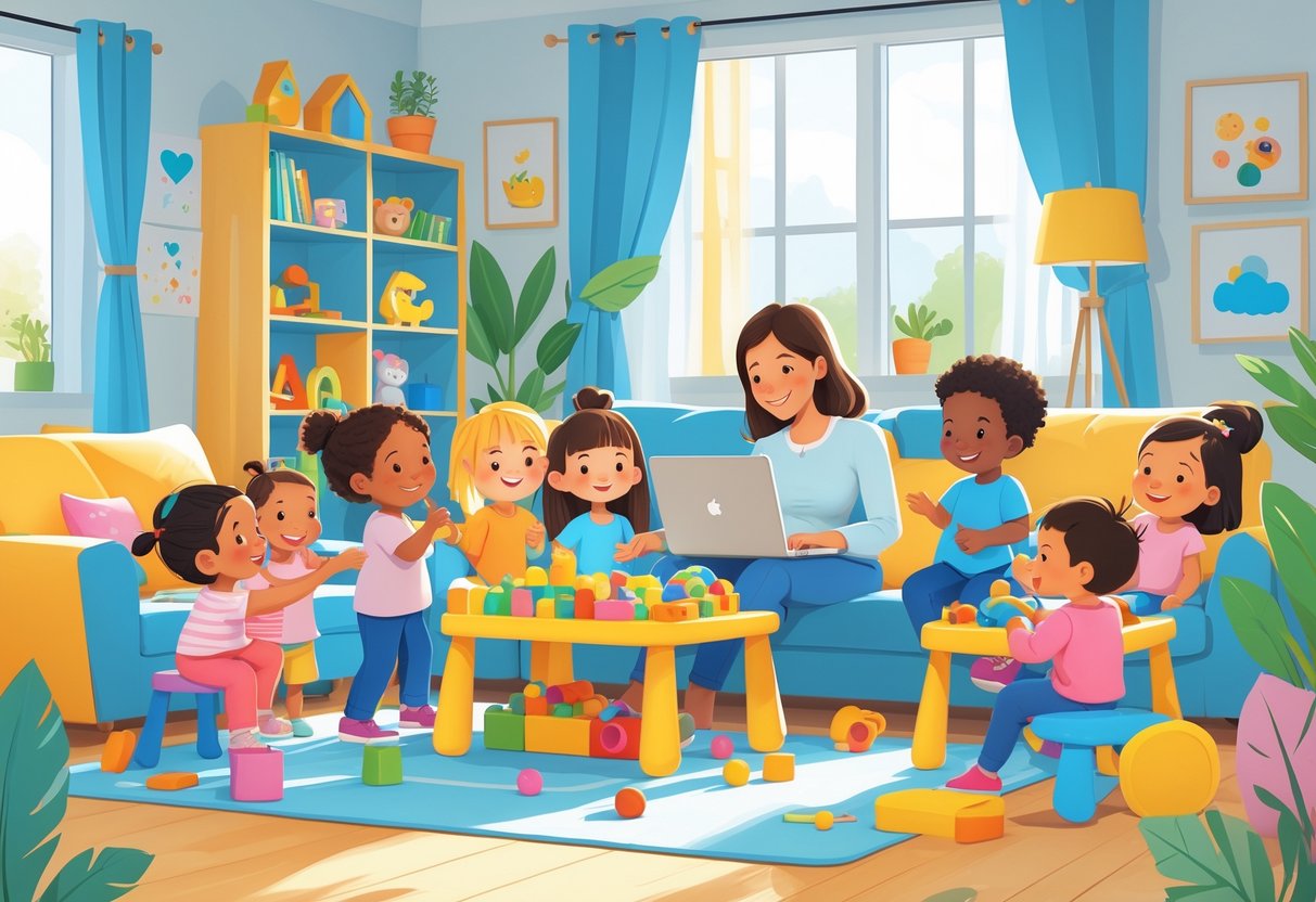 A mom caring for young children in a bright and cozy home daycare with toys and books around.