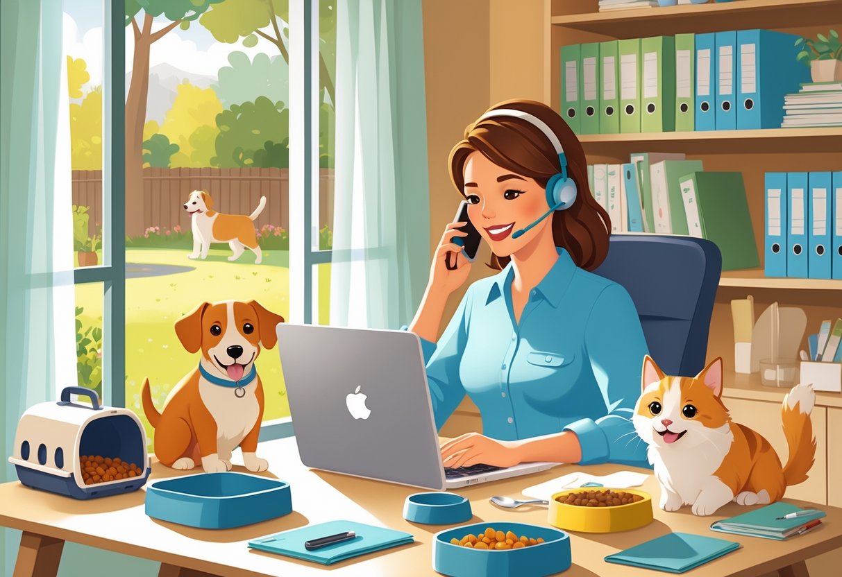 A woman working at a home desk with pet care items nearby while a dog and cat sit close, indicating a pet sitting business.