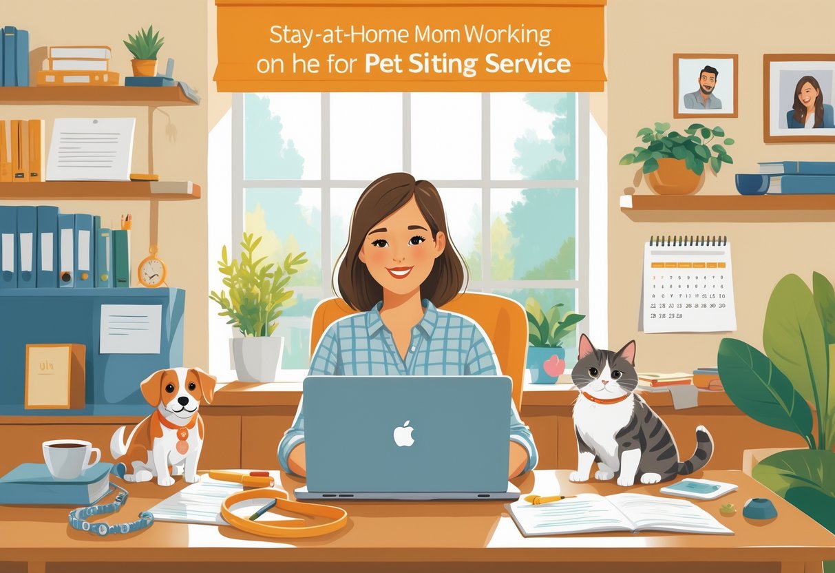 A mom working on a laptop at home with a dog and cat nearby, surrounded by pet supplies and a calendar.