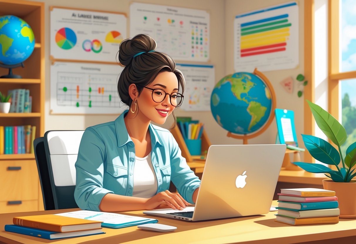 A mom working from home as an online tutor, sitting at a desk with a laptop, engaging with a child on the screen, surrounded by educational materials.