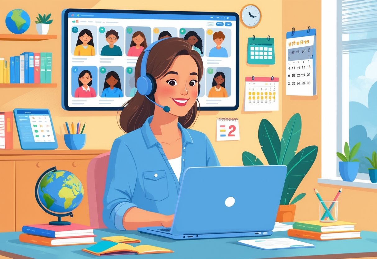 A mom using a laptop to tutor children online from a cozy home office with books and a headset.