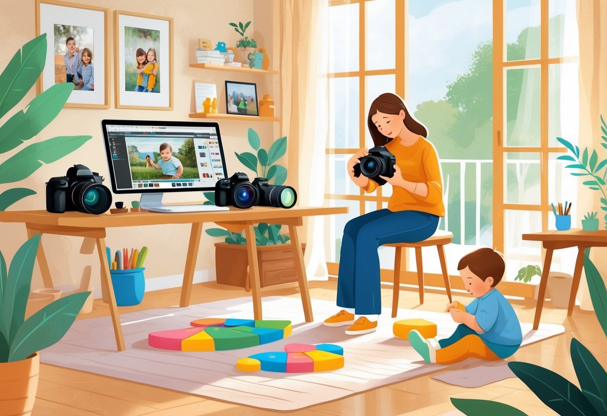 A parent working with photography equipment at a desk while holding a toddler playing on the floor, with another child engaged in an activity nearby in a bright home room.