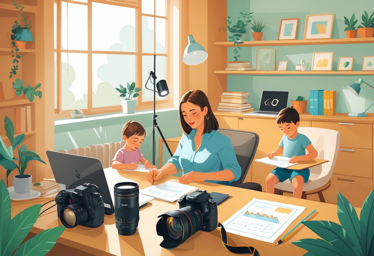A person working at a desk with photography equipment while two children play nearby in a bright home office.