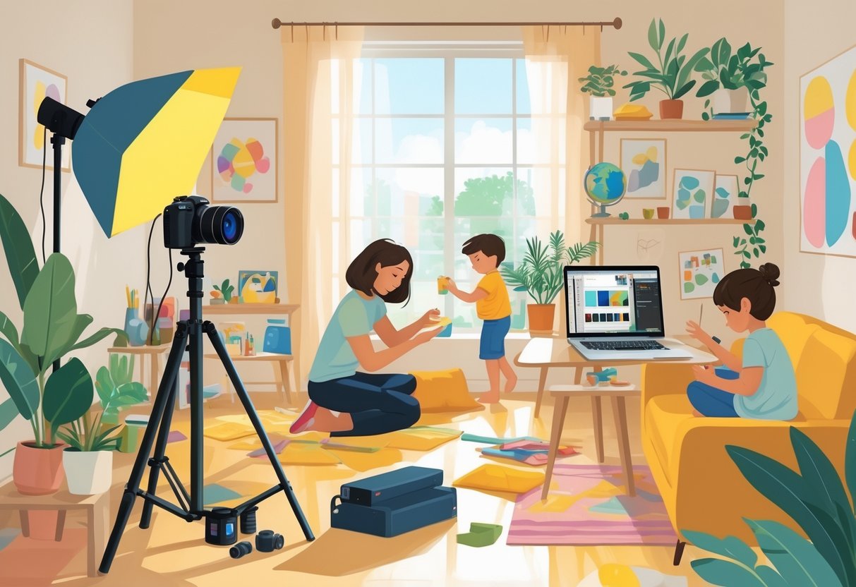 A home photography studio with camera equipment and lighting, a laptop on a desk, and a parent playing with two young children nearby.