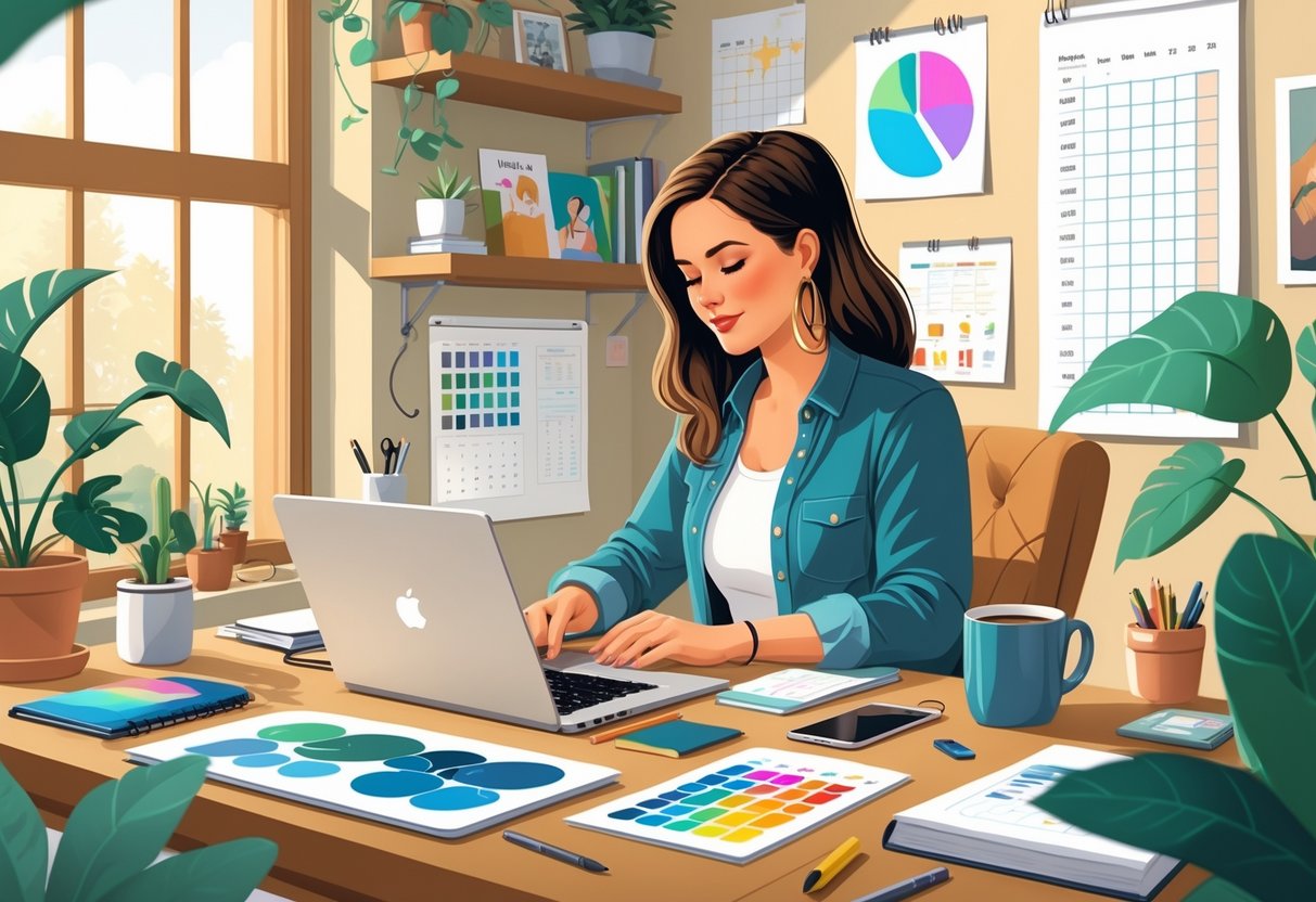 A woman working at a home office desk surrounded by graphic design tools and planning materials, balancing her work and family environment.
