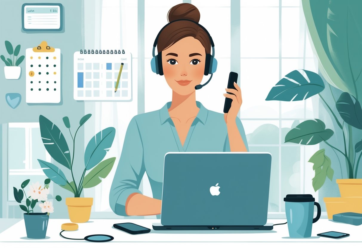 A mom working at a home office desk with a laptop and headset, surrounded by a calendar, checklist, smartphone, and a coffee cup, in a cozy living space with children's toys and a plant nearby.