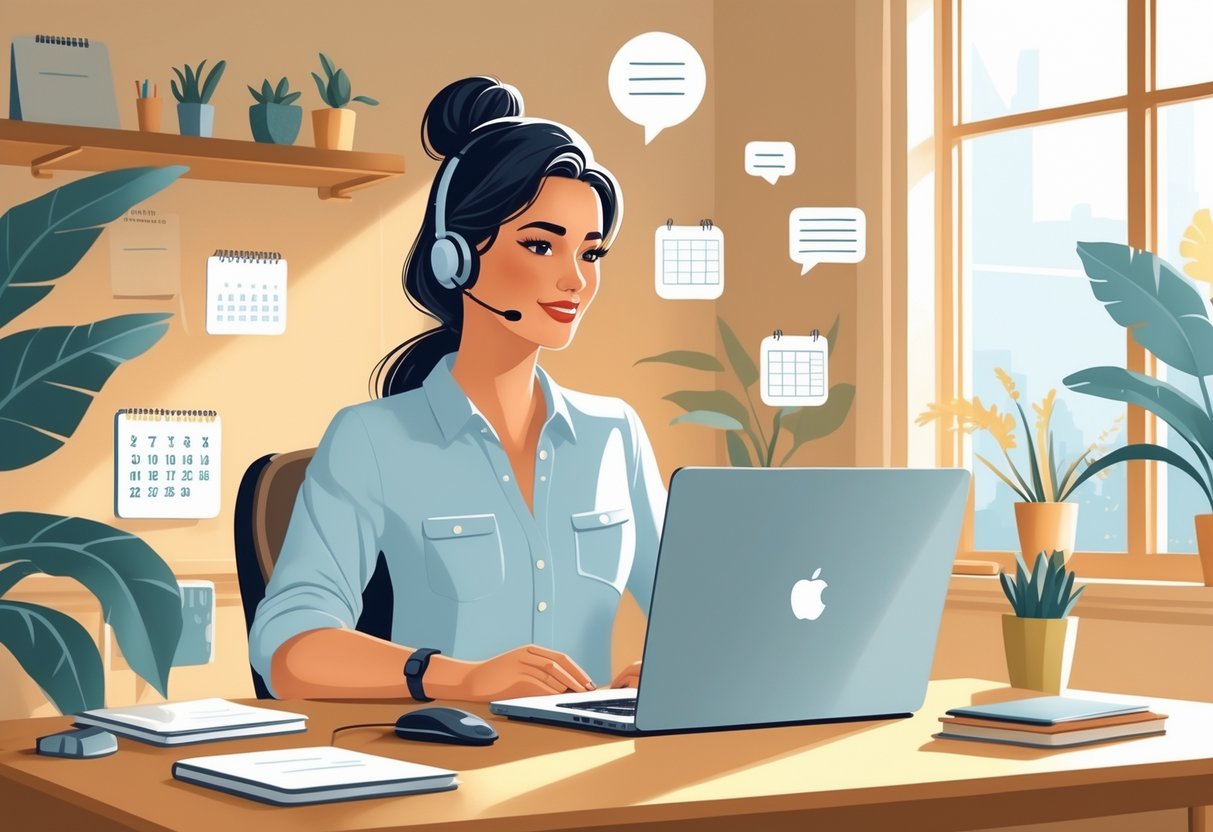 A mom working at a home desk with a laptop and headset, surrounded by icons of communication and organization.