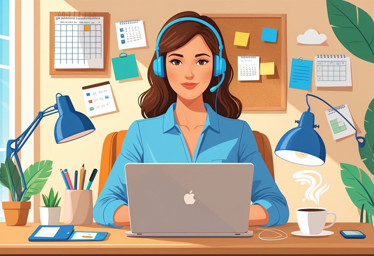 A mom working at a home desk with a laptop and office supplies, with a child's drawing on the wall nearby.