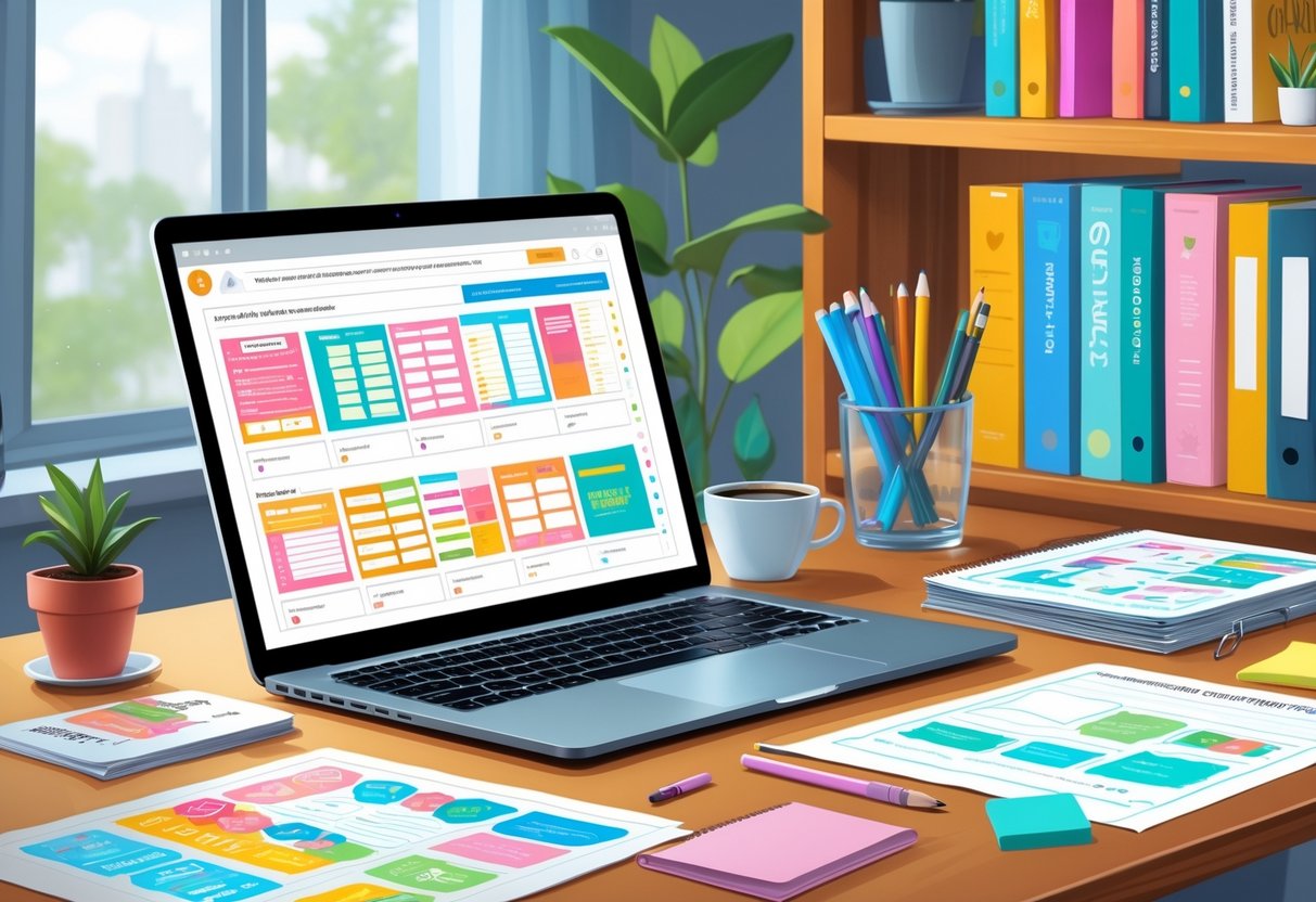 A home office desk with a laptop showing printable planner designs, printed planner pages, coffee cup, and stationery, with a bookshelf and plant in the background.
