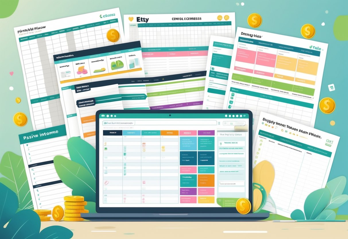 A workspace with a laptop showing a digital planner and various printed planner pages around it, illustrating different planner themes and the idea of earning passive income online.