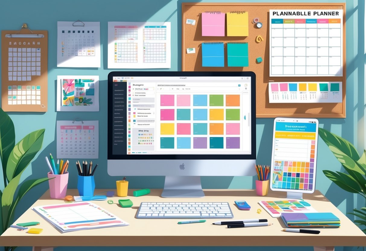 A workspace with a computer showing planner designs, colorful planner pages, design tools, and a corkboard with a calendar and mood board.