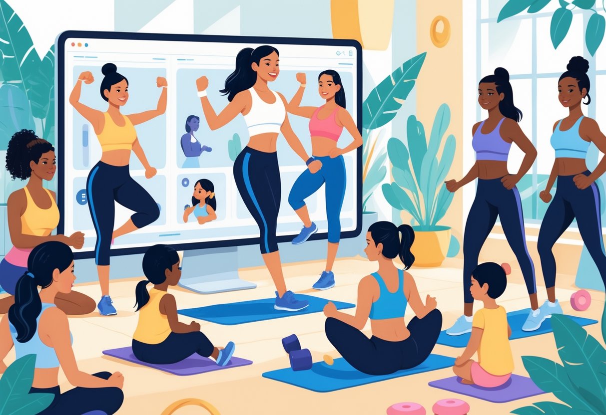 A female fitness coach leads an online workout session for diverse moms exercising in their homes.