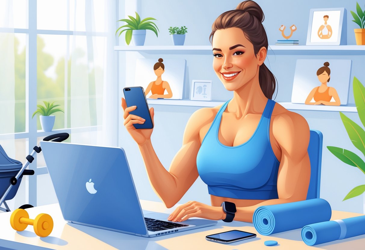 A fit mom fitness coach working on a laptop and smartphone in a bright home office with a baby stroller, dumbbells, and plants around her.