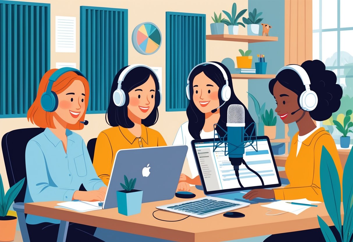 Several stay-at-home moms working on voice-over projects at home with microphones, headphones, and computers in a cozy living space.