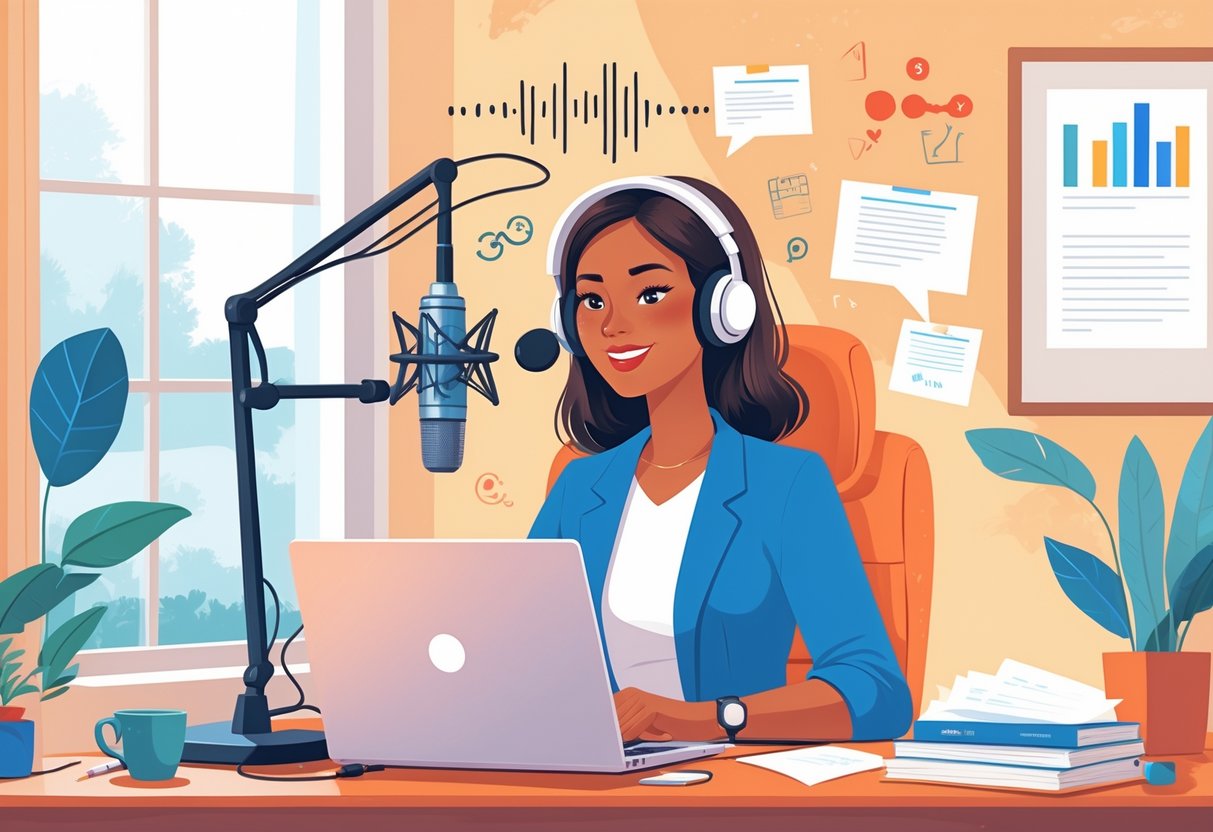 A stay-at-home mom working on voice-over projects at a desk with a microphone and laptop in a cozy home office.