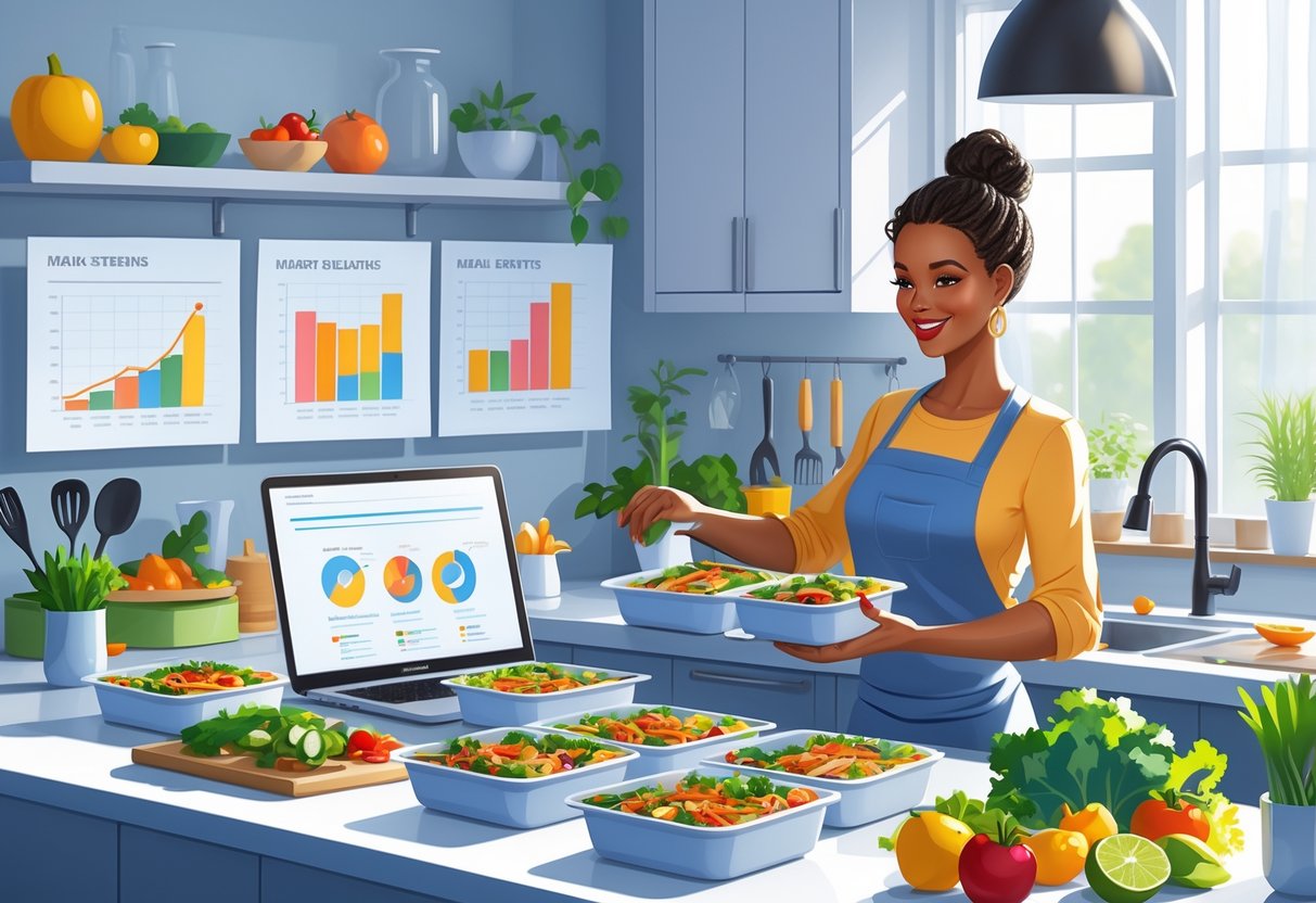 Person preparing meal prep containers in a home kitchen with a laptop showing market research charts nearby.