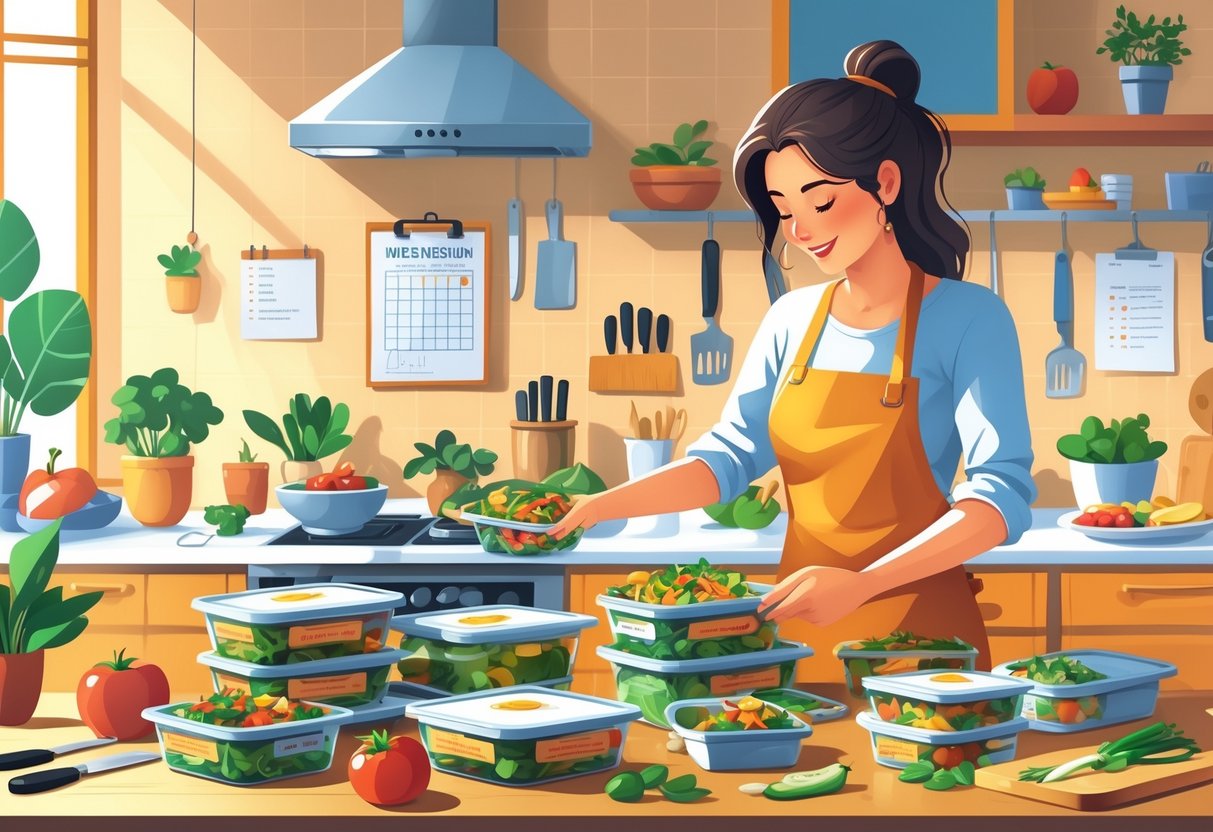 A person packing fresh meal prep containers in a clean home kitchen with notes and a calendar in the background.