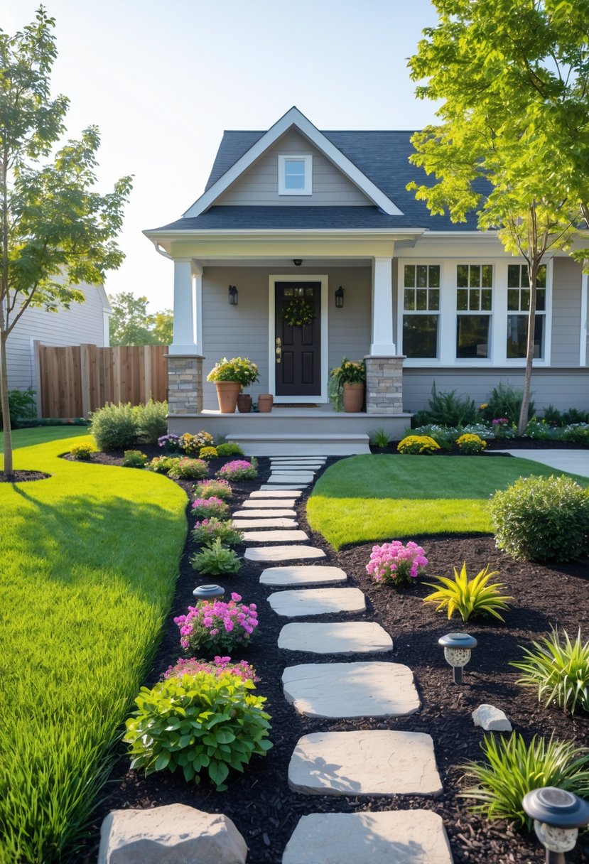 A front yard with a green lawn, flower beds, a stone pathway, potted plants, small trees, and a suburban house in the background.