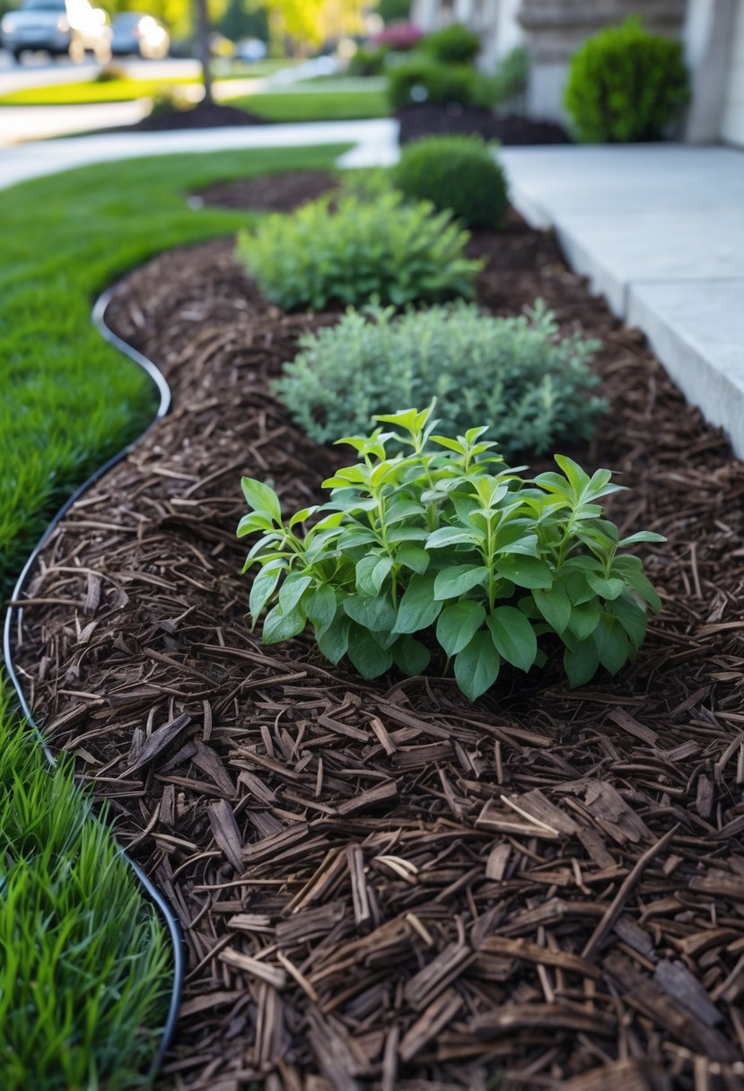 A front yard garden bed with fresh mulch neatly spread around green plants and shrubs next to a trimmed lawn.