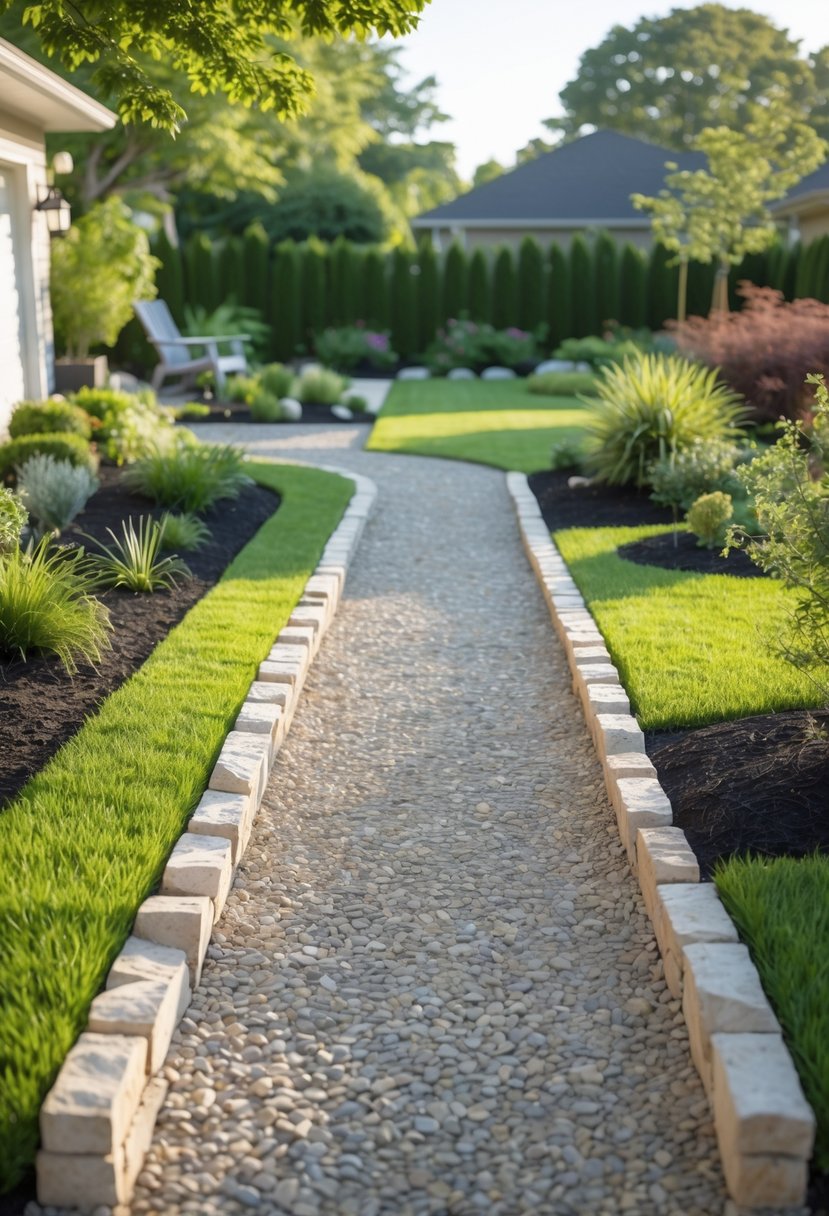 A front yard with gravel pathways bordered by plants and green lawn on a sunny day.