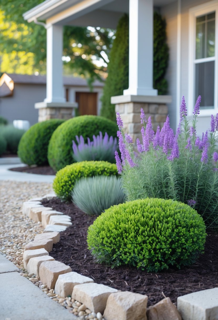 A front yard with neatly trimmed boxwood shrubs and blooming lavender plants arranged in a garden bed bordered by stones, next to a suburban house.
