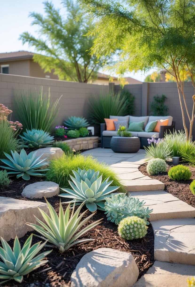 A backyard with drought-tolerant plants, stone pathways, and an outdoor seating area surrounded by native greenery.