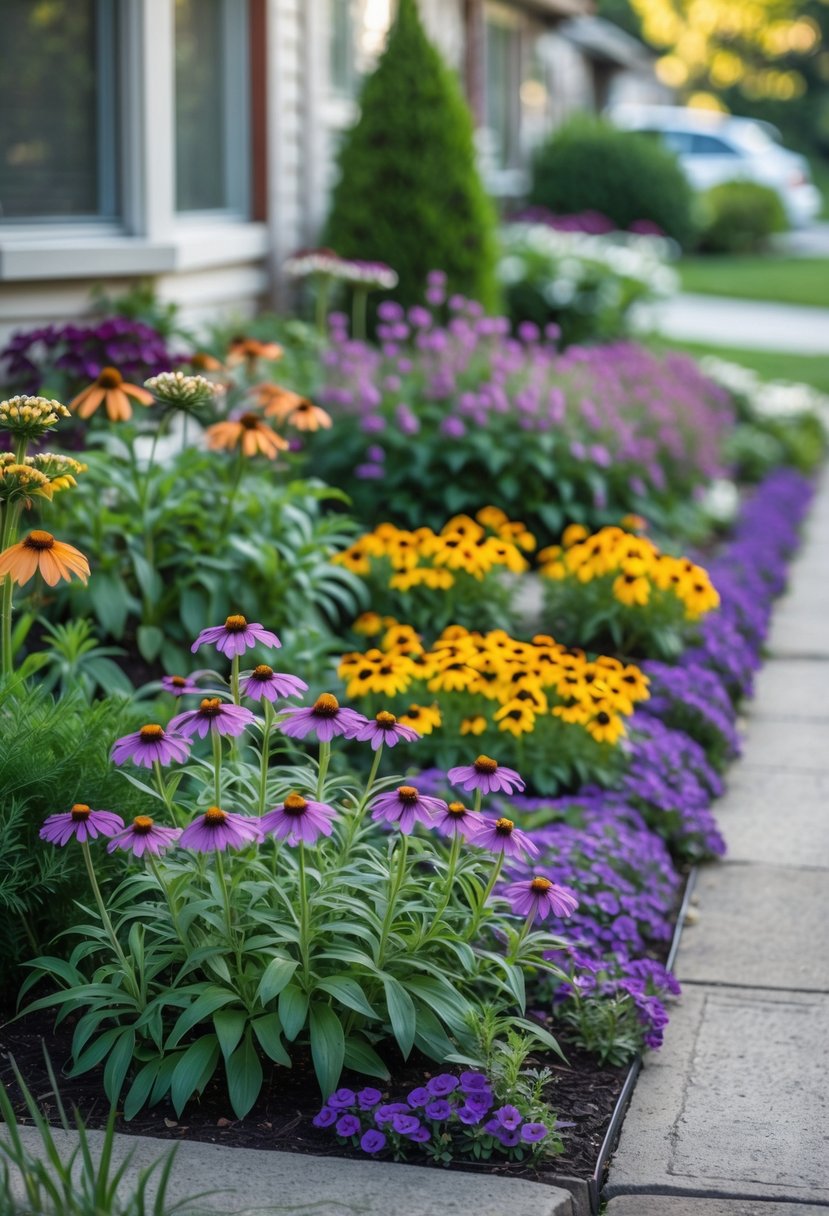 A front yard with flower borders of purple coneflowers and yellow black-eyed Susans alongside a pathway leading to a house.