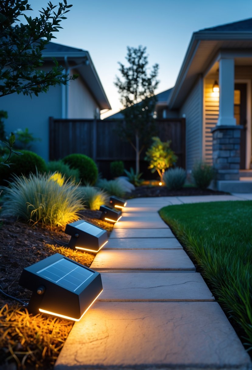 A front yard pathway illuminated by solar-powered lights surrounded by grass, shrubs, and flowering plants at dusk.