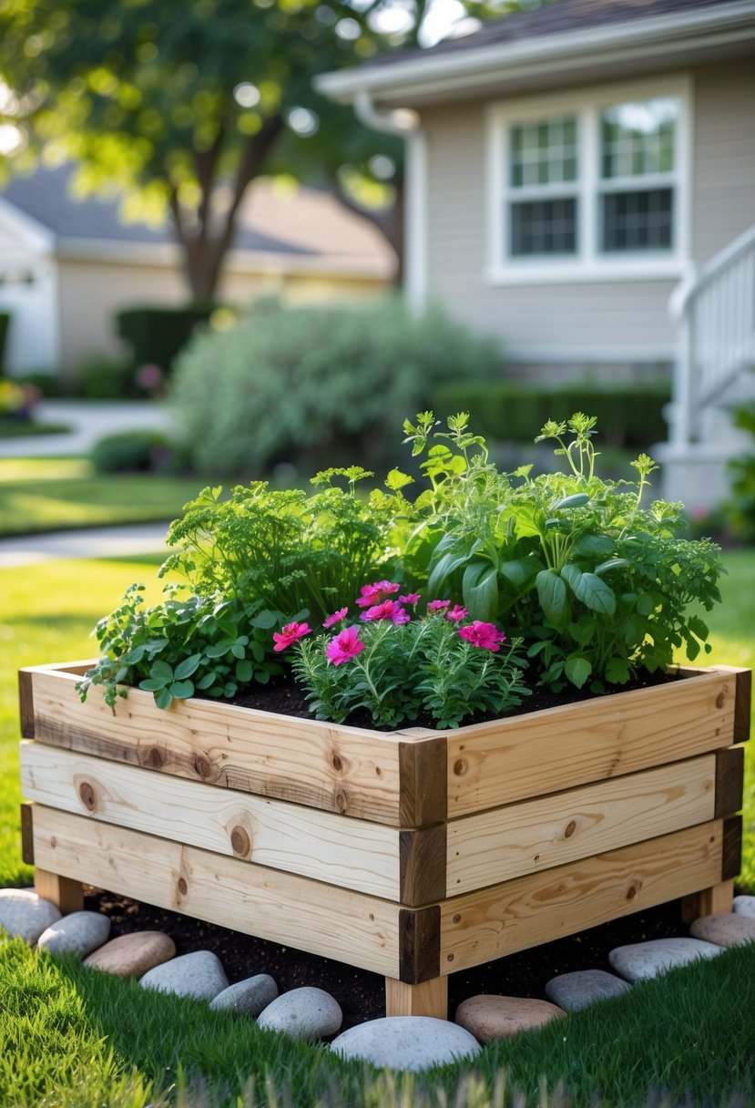 A small raised garden bed made of repurposed wood filled with herbs and flowers in a front yard with grass and a house in the background.
