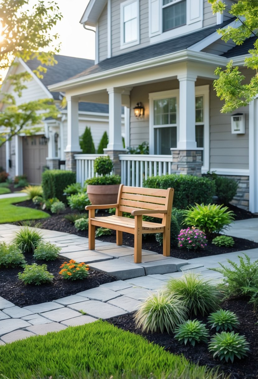 A front yard with a wooden bench surrounded by plants, flowers, and a stone pathway in front of a house.