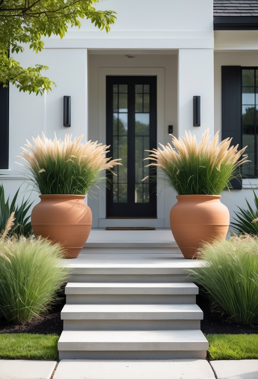 Front entrance of a house with large terracotta pots containing ornamental grasses placed near the doorway.