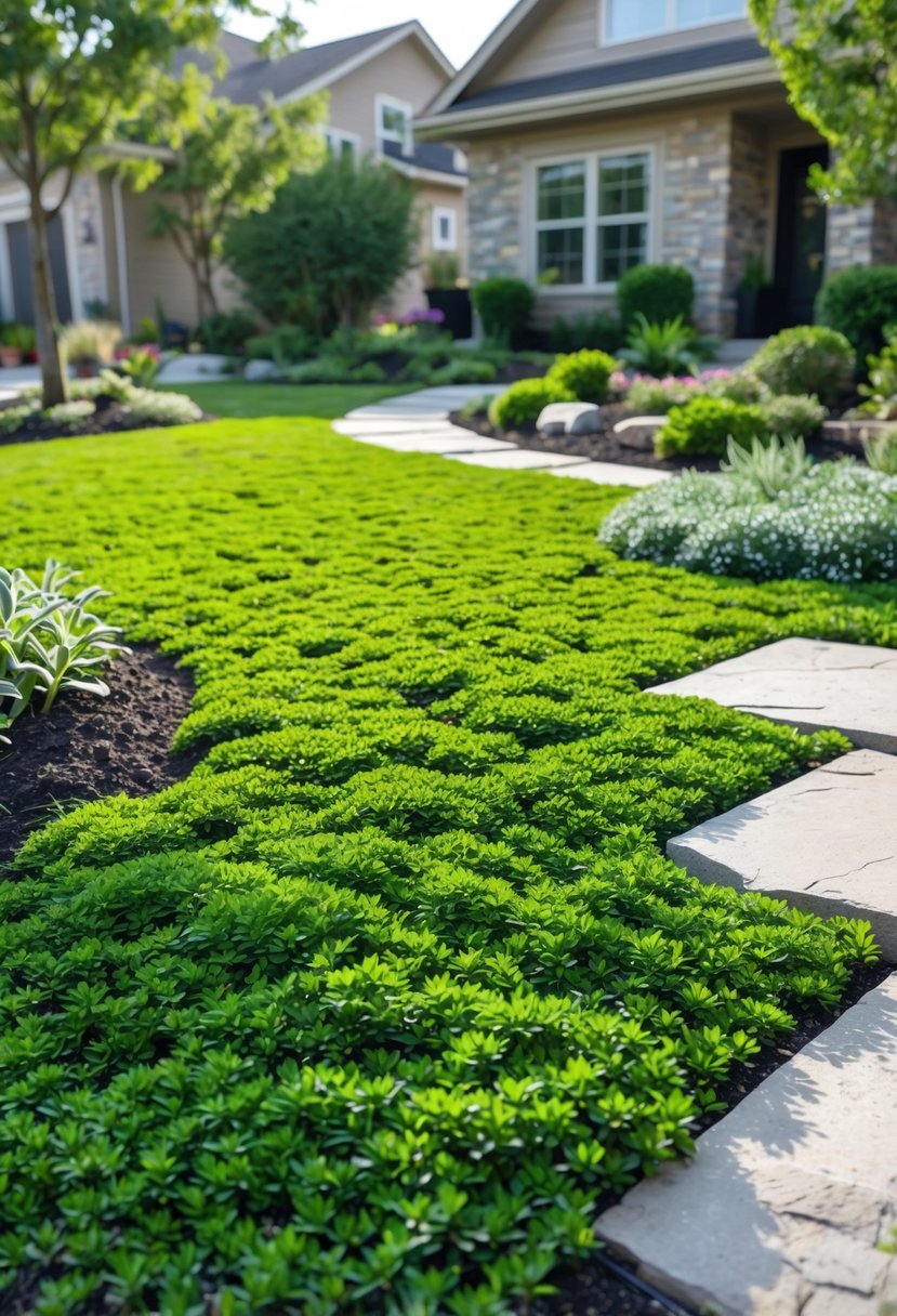 A front yard with dense green creeping thyme ground cover, natural stone pathways, and surrounding shrubs and plants.