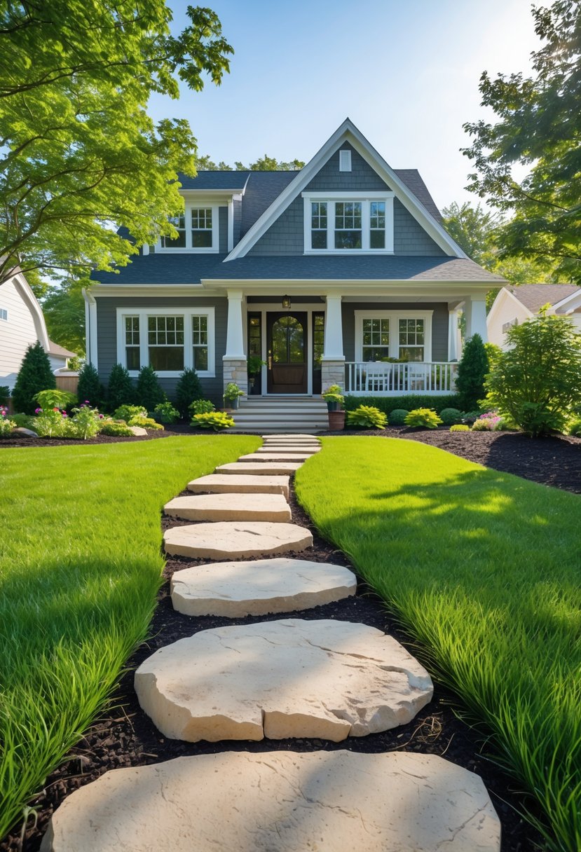 A front yard with a green lawn divided by a pathway of stepping stones leading to a house, surrounded by plants and shrubs.