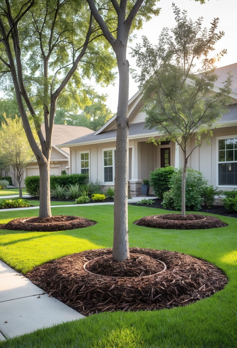 A front yard with trees surrounded by circular mulch rings, green grass, shrubs, and a walkway leading to a house.