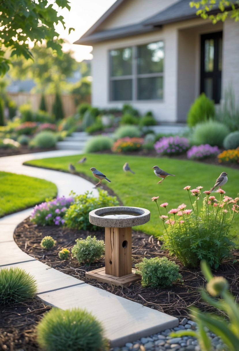 A front yard with a DIY birdbath or feeder surrounded by flowers and plants, with small birds nearby.