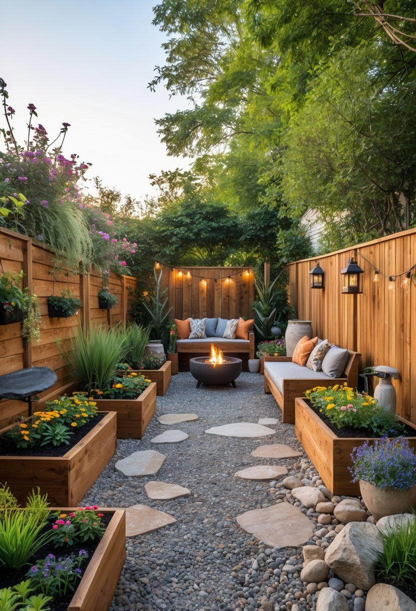A backyard without grass featuring stone pathways, wooden planters with flowers, potted plants, a seating area with benches, a fire pit, and garden lights surrounded by a wooden fence with vines.