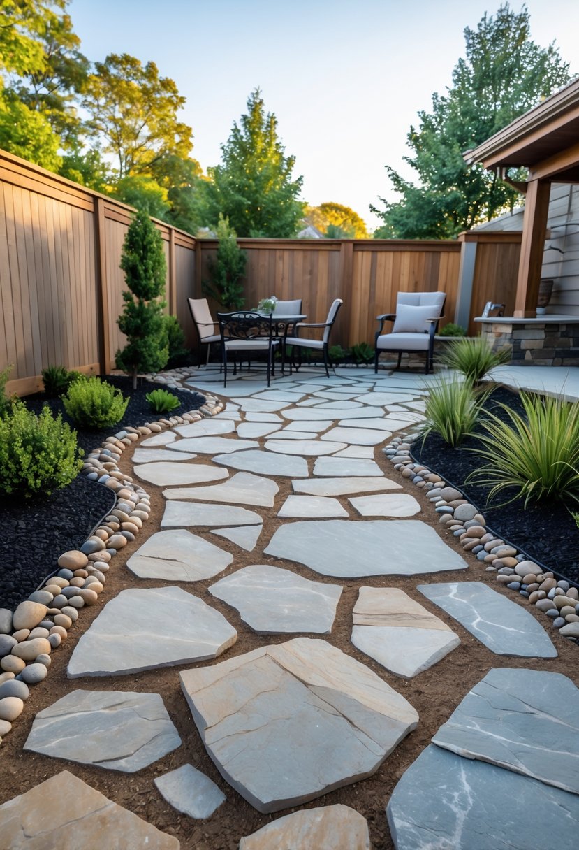 Backyard with a flagstone patio accented by river rocks, surrounded by plants and outdoor furniture, with no grass visible.