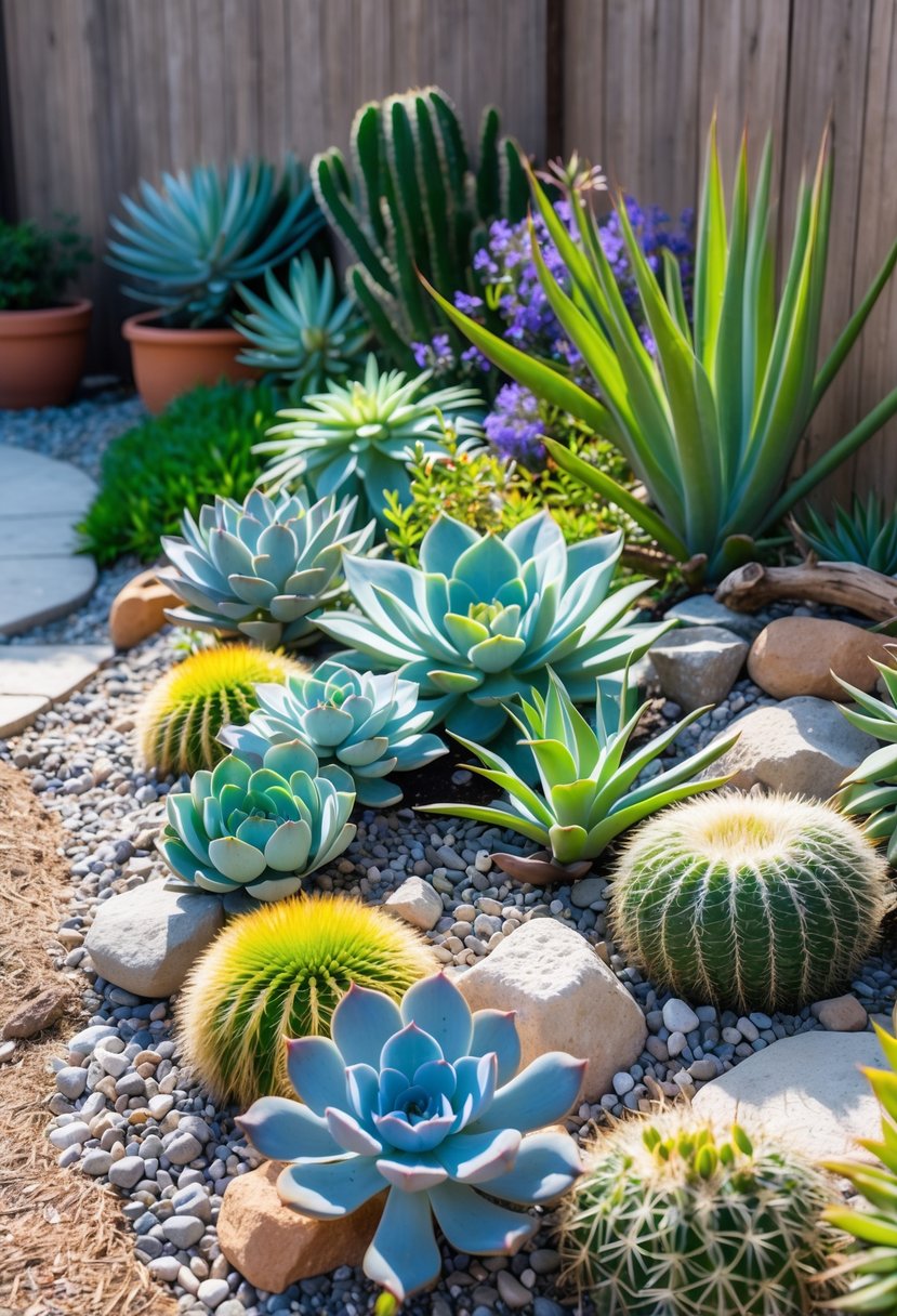 A backyard garden filled with various colorful succulents and drought-tolerant plants arranged in stone and gravel beds.