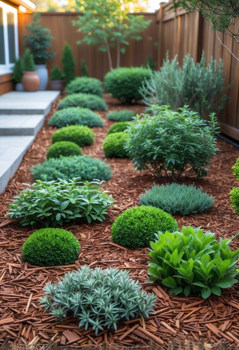 Backyard garden with decorative mulch and low-maintenance green shrubs arranged neatly without any grass.