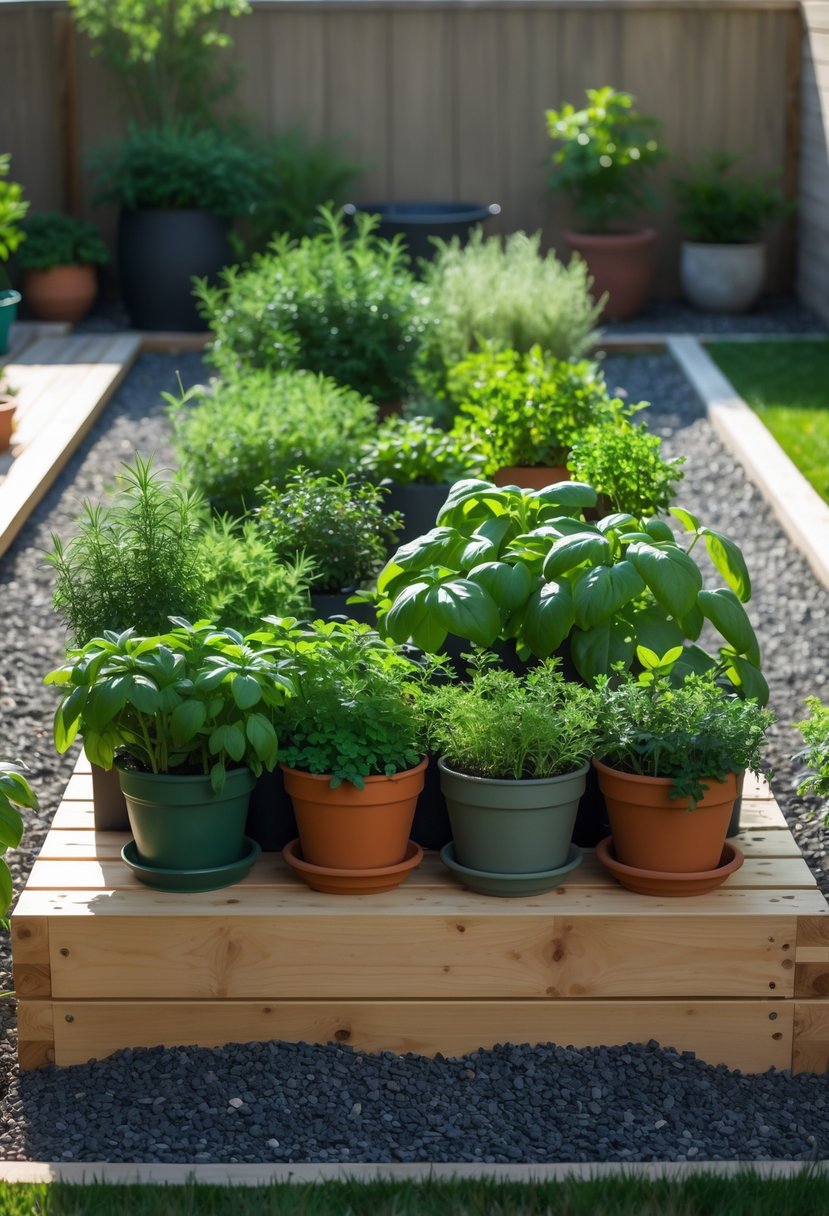 A raised wooden platform holding various pots of green herbs in a backyard with gravel ground and potted plants.