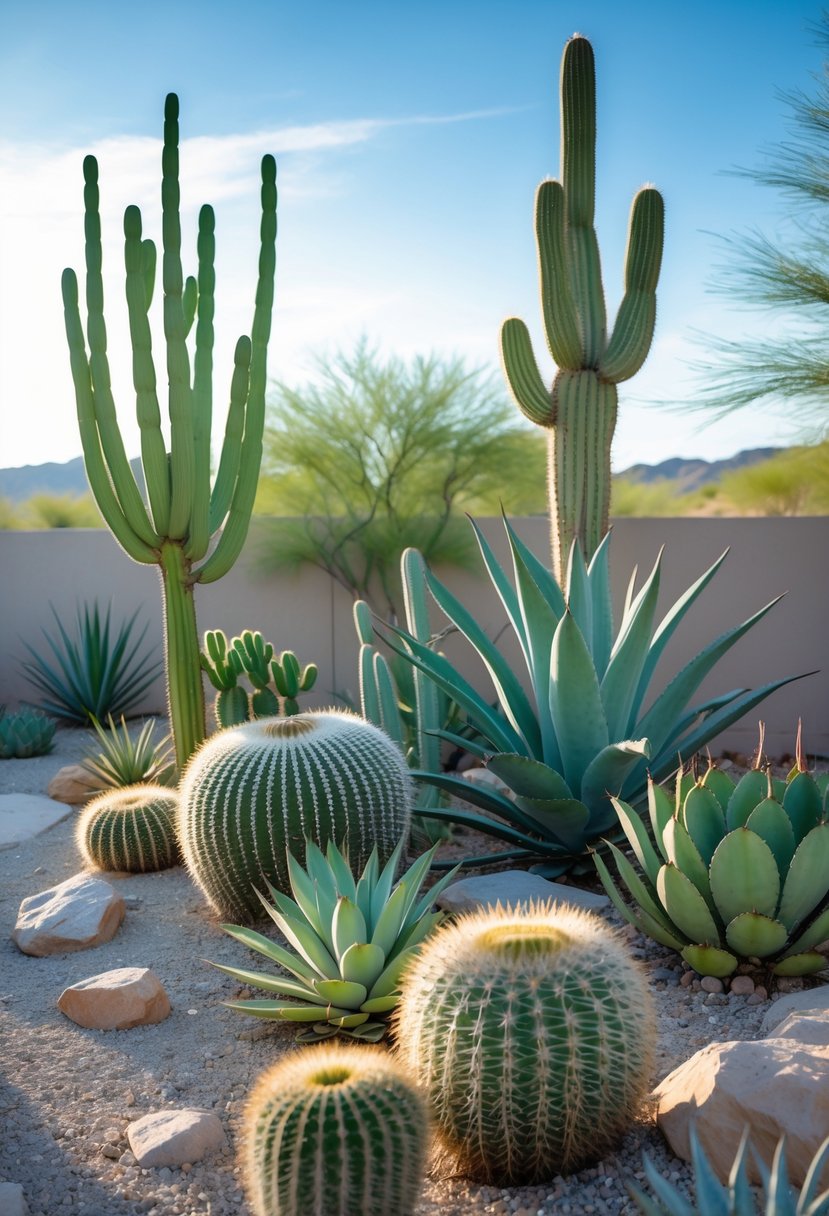 A backyard landscape filled with various cacti and desert plants growing among rocks and gravel under a clear blue sky.