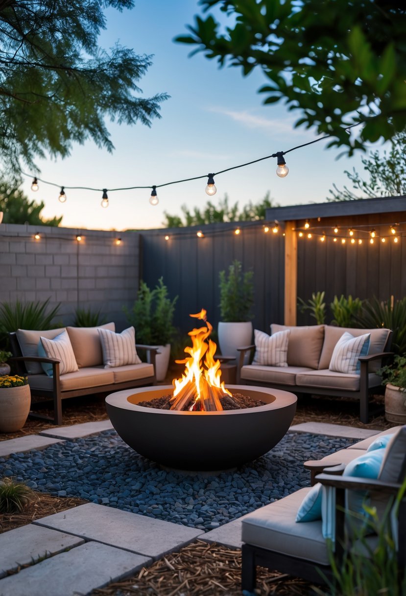 Outdoor fire pit surrounded by chairs and benches in a backyard without grass, featuring gravel, paving stones, and plants.