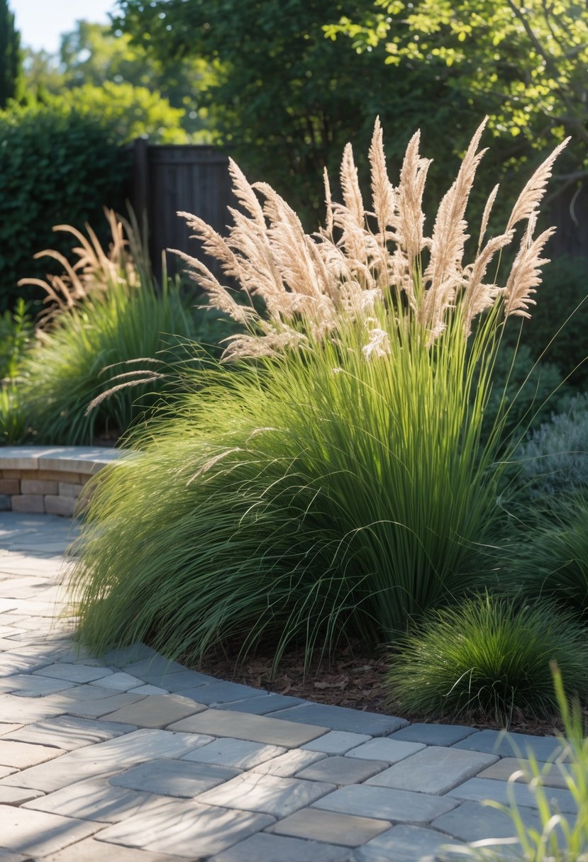 A backyard with a stone paver patio surrounded by tall native ornamental grasses and small shrubs.
