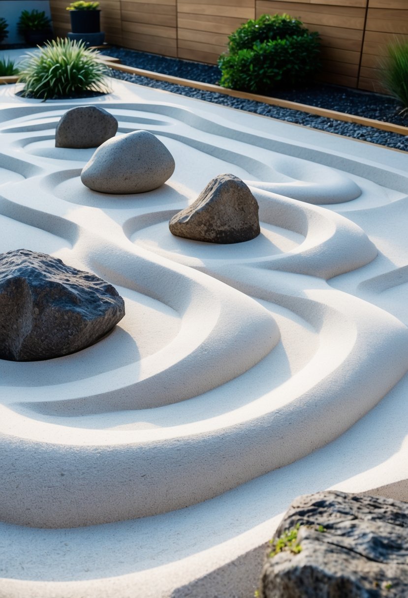 A zen garden with raked white sand and small natural boulders arranged in a peaceful outdoor setting.
