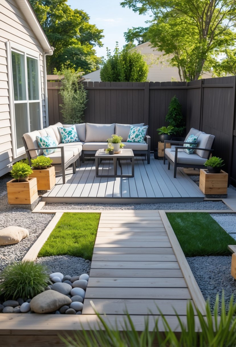 Outdoor deck with weather-resistant furniture and a no-grass backyard featuring gravel, potted plants, and wooden planters.