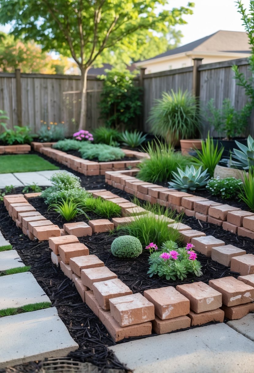 A backyard garden with recycled brick borders forming garden beds filled with plants and mulch, without any grass.