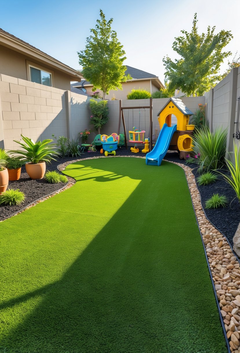 Backyard with a designated play area covered in artificial turf, surrounded by play equipment and plants.