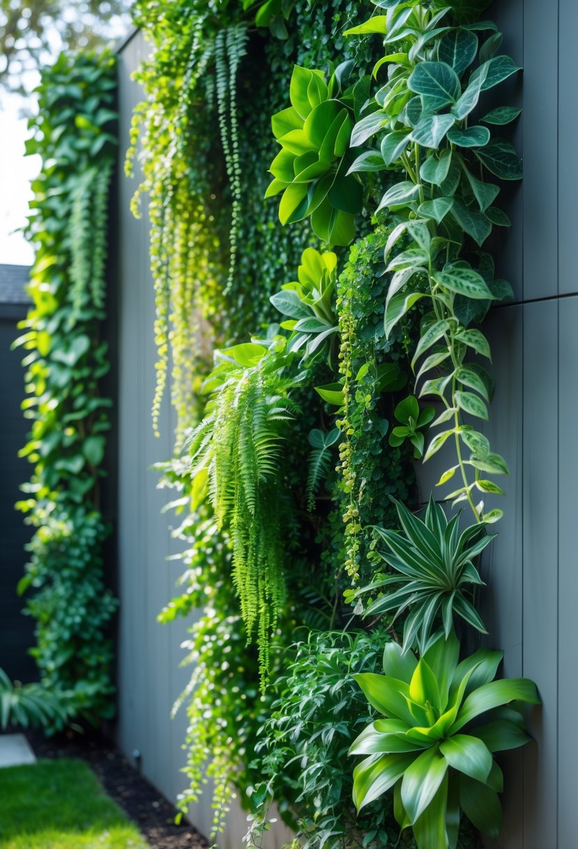 A vertical garden wall covered with cascading green plants in an outdoor backyard setting without grass.